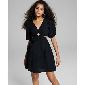 Chic Black Cut-Out Dress with Puff Sleeves - Size XS